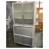 WHITE WOODEN AND GLASS CABINET W/ROLL FRONT SHELF