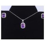 STERLING 3 CTW EARRINGS & PENDANT SET W/ AMETHYST