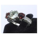 STERLING RING W / GARNET & GREEN AMETHYST, SIZE 7
