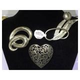 3 HEAVY STERLING BROOCHES,HEART, FLOWER & MORE