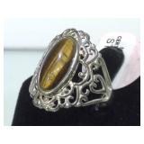 STERLING RING W / TIGERS EYE, SIZE 8