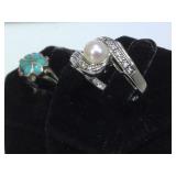 2 STERLING RINGS, 1-TURQUOISE, 1-CLEAR GEMS