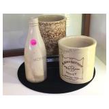 2 SMALL ROSEVILLE CROCKS & A CROCK BOTTLE