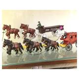 2 CAST IRON REPRO. HORSE DRAWM VEGGIE & STAGECOACH