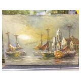 ORIGINAL OIL BY J. CASAMADA, SHIPS IN PORT