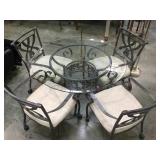 GLASS TOP DINING TABLE W / 4 ROLLING CHAIRS