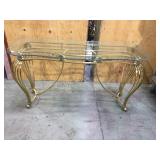 BRASS BASED ROUGH CUT EDGE GLASS TOP HALL TABLE