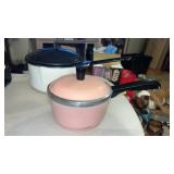 White and black enamel  pot with lid and pink