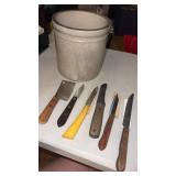 Small crock with crack on side and miscellaneous