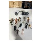 Diecast motorcycle, and miscellaneous figures