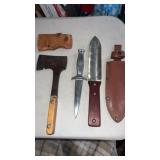 Hatchet with sheath , knife and  garden knife