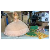 Barbie in a crocheted gown and 4 crocheted doll