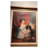Framed and matted Girl with dog painting  signed