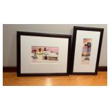 2 water color paintings of windmill set against