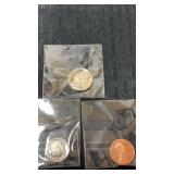 1987S nickel, 1990 S dime, and 20005 S penny