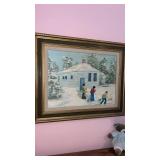 Framed and matted winter scene painting signed by