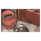 Strawberry, red pot and vintage suitcase