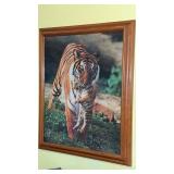 Tiger carrying her cub, wood framed print