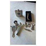 Group of bar bottle openers , flask and more