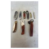 Misc group of 8 pocket knives and 1 fixed blade