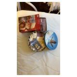 Partial box of Christmas Cards & tin with buttons