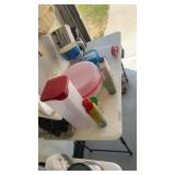 Entire Contents on Table, Coffee Pot, Tupperware