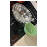 Pyrex Clear Bowl Set & Fire King Green Bowl