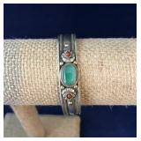 Handmade Sterling Green Onyx/Coral Cuff Bracelet
