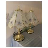 Pair of Decorative Brass Plated & Glass Panel Lamp