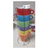 (6) COLORFUL MUGS WITH STAND