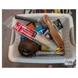 TOTE WITH HARDWARE, TOOLS, FLASHLIGHTS, ETC
