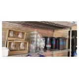 SHELF FULL OF MR. MRS. GLASSES, AND TRAVEL MUGS