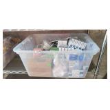 TUB FULL OF OFFICE SUPPLIES, PAPER CLIPS, PUSH PIN