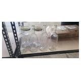 5 GLASS BOTTLES AND 3 JARS