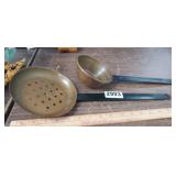VINTAGE COPPER STRAINER AND A LADLE W/ BLACK HANDE