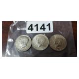 (3) 1967 KENNEDY HALF DOLLARS, 40% SILVER