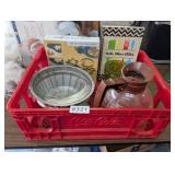 CRATE WITH COOKBOOK, COFFEE POT, PANCAKE MOLDS, ET