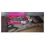 LOT OF TOOLS, LARGE SCISSORS, SOLDERING WIRE, ETC
