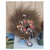WREATH, TEA KETTLE AND SAUCER
