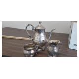 SILVER PLATED COFFEE POT, CREAM & SUGAR, LID IS BR