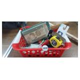 BASKET WITH TOOLS, FLASHLIGHTS, ETC