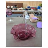 VINTAGE GLASS CRANBERRY RUFFLED BASKET