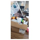 BOX FULL OF, FACE SHEILD, CHEMICALS, MOSTLY FULL