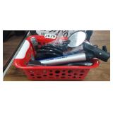 BASKET WITH FLASHLIGHT, CHAIN, PUMP, ETC.