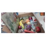 BOX FULL OF FAKE FRUITS / VEGIES , CUTTING BOARD