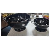 (2) BLACK ENAMEL COLANDERS