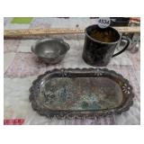 SILVER PLATE TRAY, BOWL, & CUP