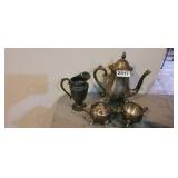SILVER PLATED TEA POT, CREAMER, 2 SUGARS *LID MISS