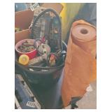 BASKET OF TOOLS/ HARDWARE AND ROLL OF BROWN PAPER