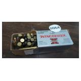 BOX OF WINCHESTER 22 MAGNUM AMMO, MOSTLY FULL